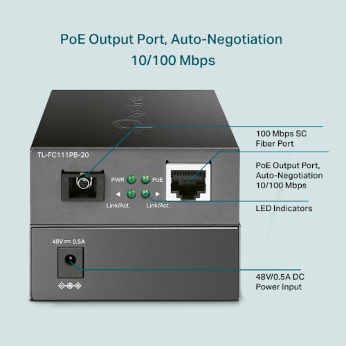 TP-Link 10/100 Mbps RJ45 to 100 Mbps Single-mode SC WDM Bi-Directional Fiber Converter With 1-Port PoE (TL-FC111PB-20 )